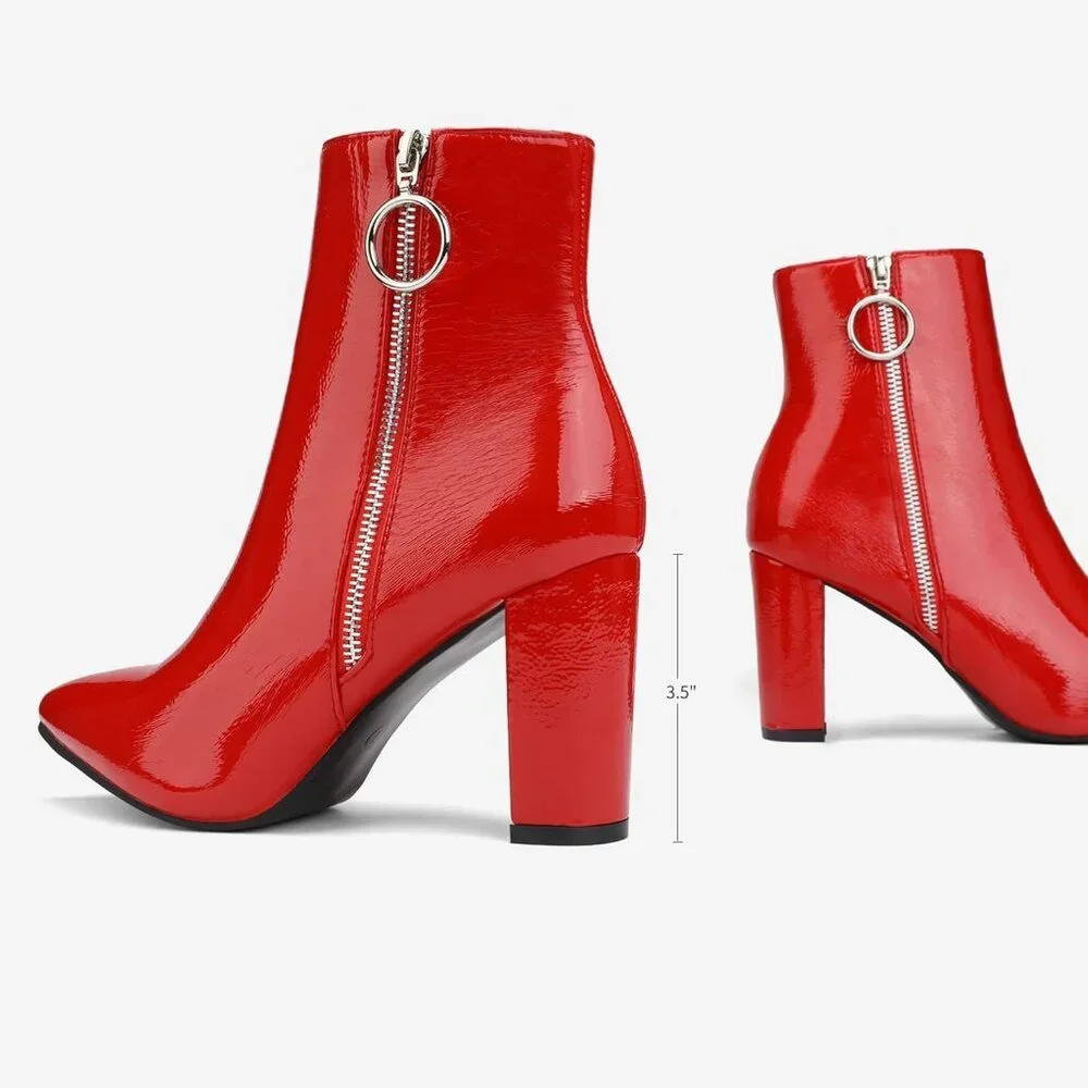 Dream Pairs Women's Red/Pat-3 Pointed Toe Fur Lining Block Heel Ankle Booties